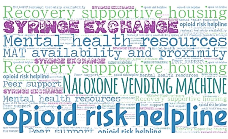 Word cloud detailing strengths of Illinois regions, including recovery supportive housing, opioid risk helplines, mental health resources, and naloxone vending machines.