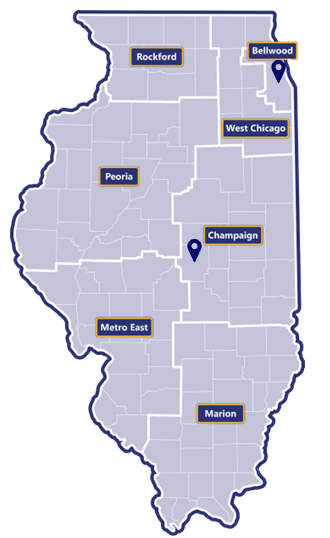 Map of Illinois broken in to seven regions: Rockford, West Chicago, Bellwood, Peoria, Champaign, Metro East, and Marion. There is a location marker in Bellwood and Champaign.