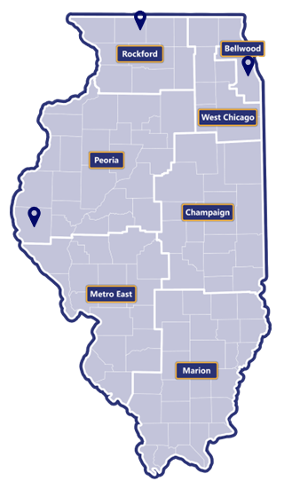 Map of Illinois broken in to seven regions: Rockford, West Chicago, Bellwood, Peoria, Champaign, Metro East, and Marion. There is a location marker in Rockford, one in Bellwood, and one in Peoria.