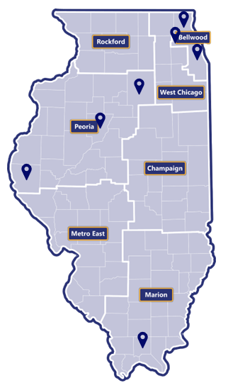 Map of Illinois broken in to seven regions: Rockford, West Chicago, Bellwood, Peoria, Champaign, Metro East, and Marion. There is are three location markers in Bellwood, three in Peoria, and one in Marion.