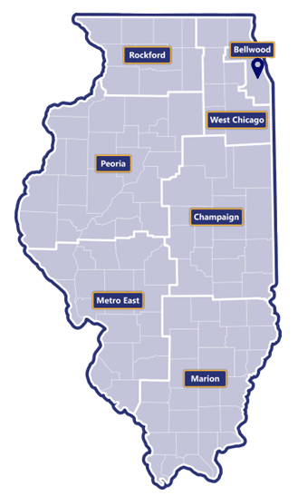 Map of Illinois broken in to seven regions: Rockford, West Chicago, Bellwood, Peoria, Champaign, Metro East, and Marion. There is a location marker in Bellwood.