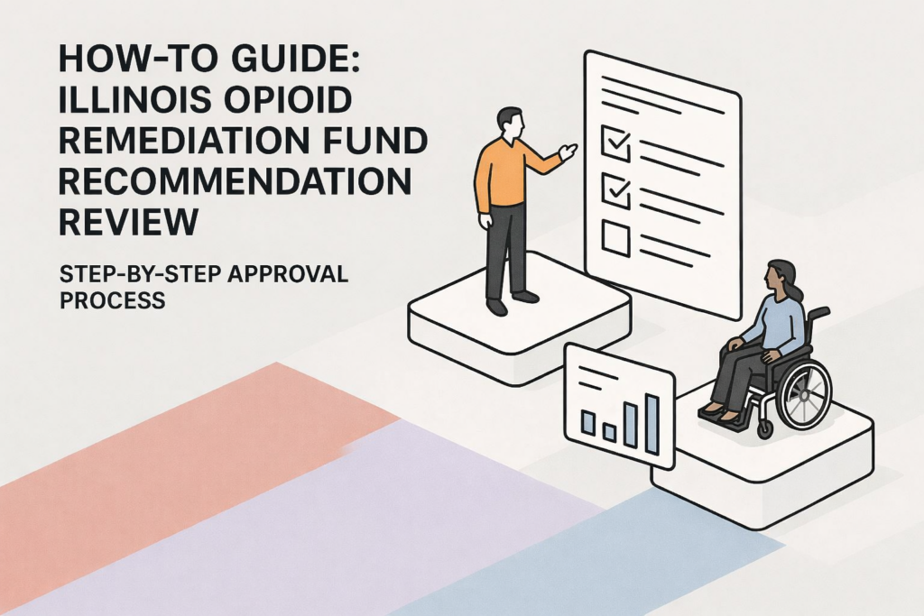 A conceptual graphic showing two individuals reviewing a checklist. Title is "How-to Guide: Illinois Opioid Remediation Fund Recommendation Review. Step-by-Step Approval Process